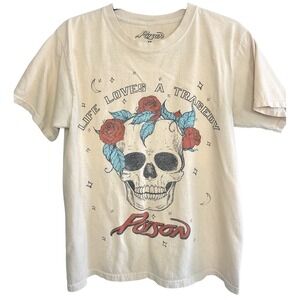 Poison Band Tee T-Shirt XS Skull Roses Life Loves A‎ Tragedy Graphic Retro Cream